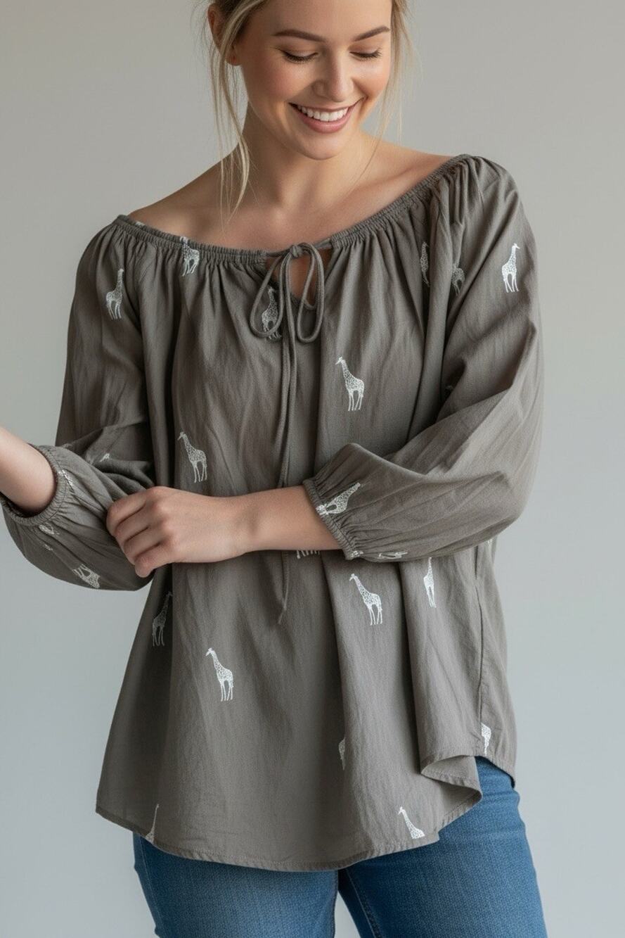 Loft Women's Embroidered Top Giraffe Tie-Neck Blouse Size S 3/4 Sleeves
